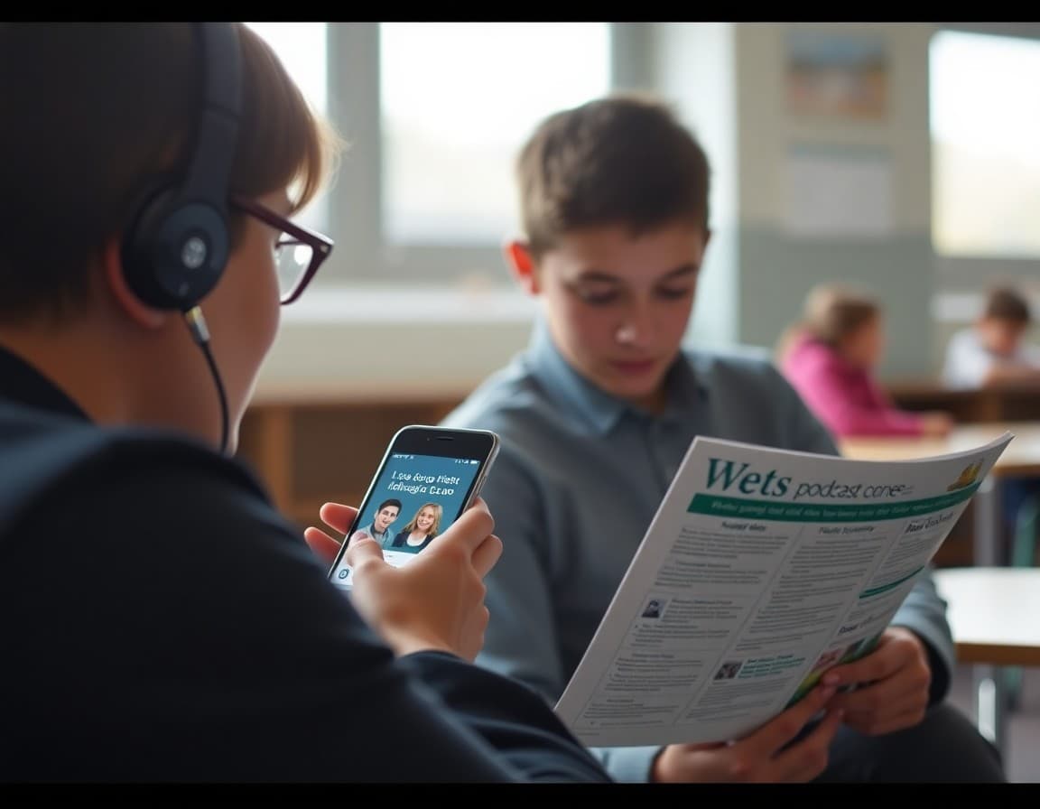 Parent listening to a school podcast episode on a phone while reading the matching newsletter