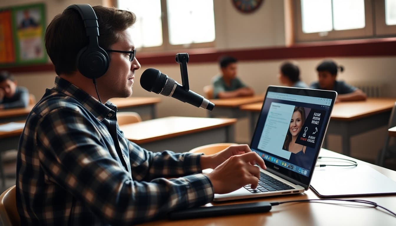 Teacher recording a short school podcast episode at a desk with a USB microphone and laptop