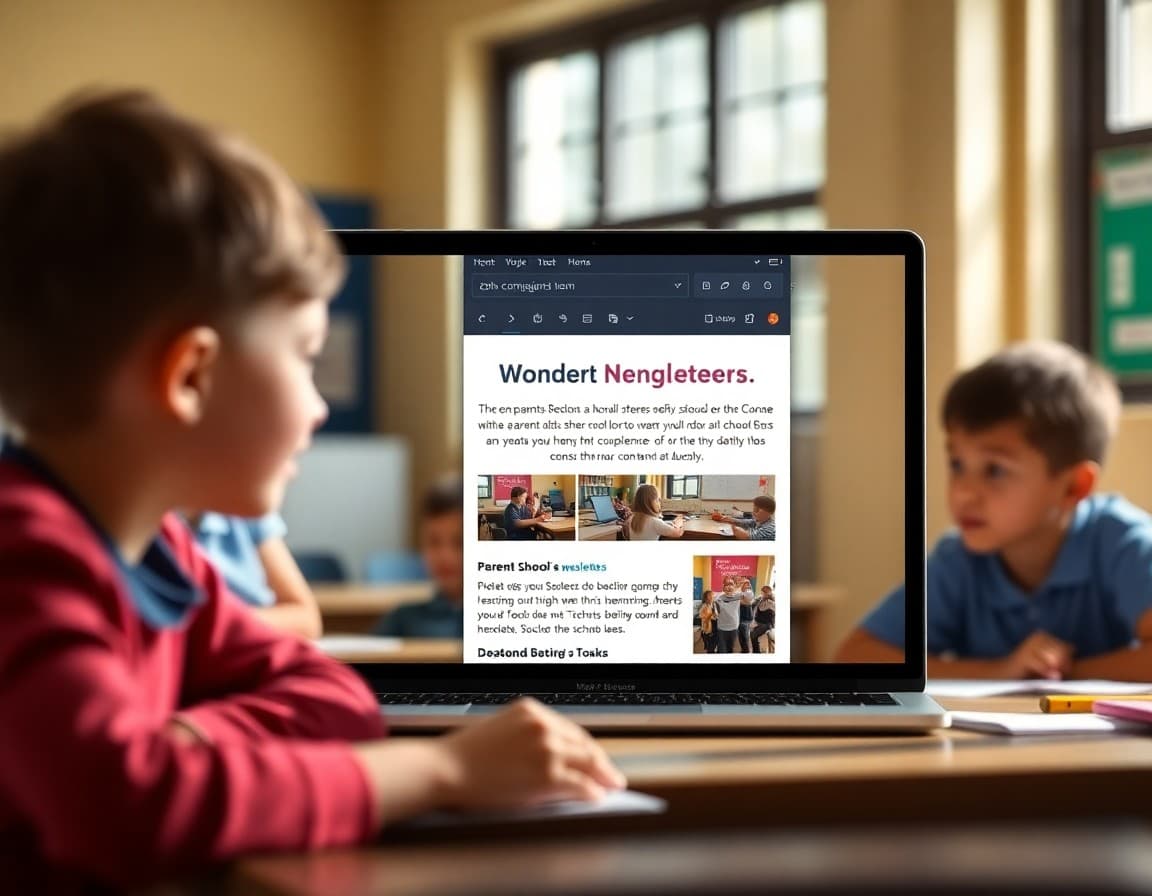 Zoho Campaigns email editor showing a parent newsletter template with school event details