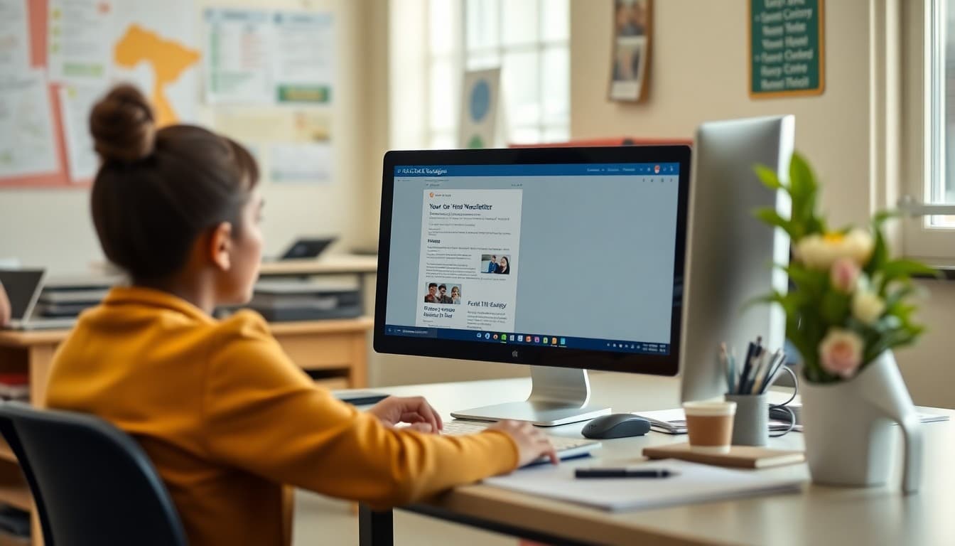 School office manager accessing Zoho Campaigns to send a parent email newsletter on a desktop
