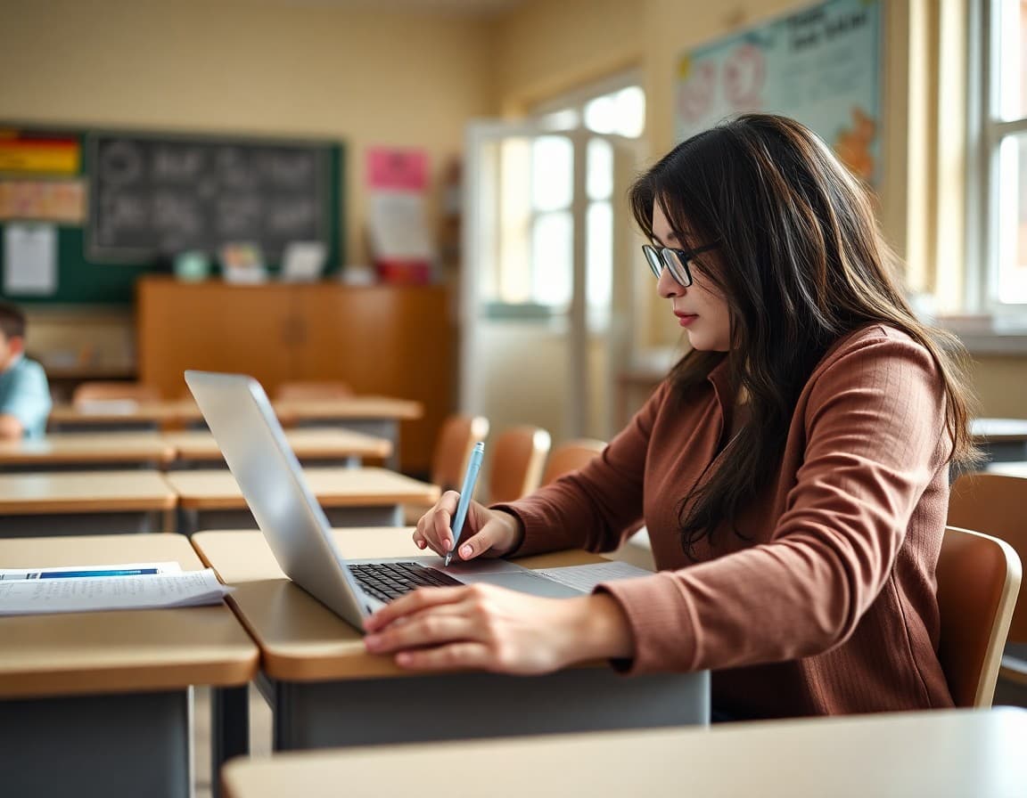 Teacher writing a brief newsletter on a laptop at a classroom desk