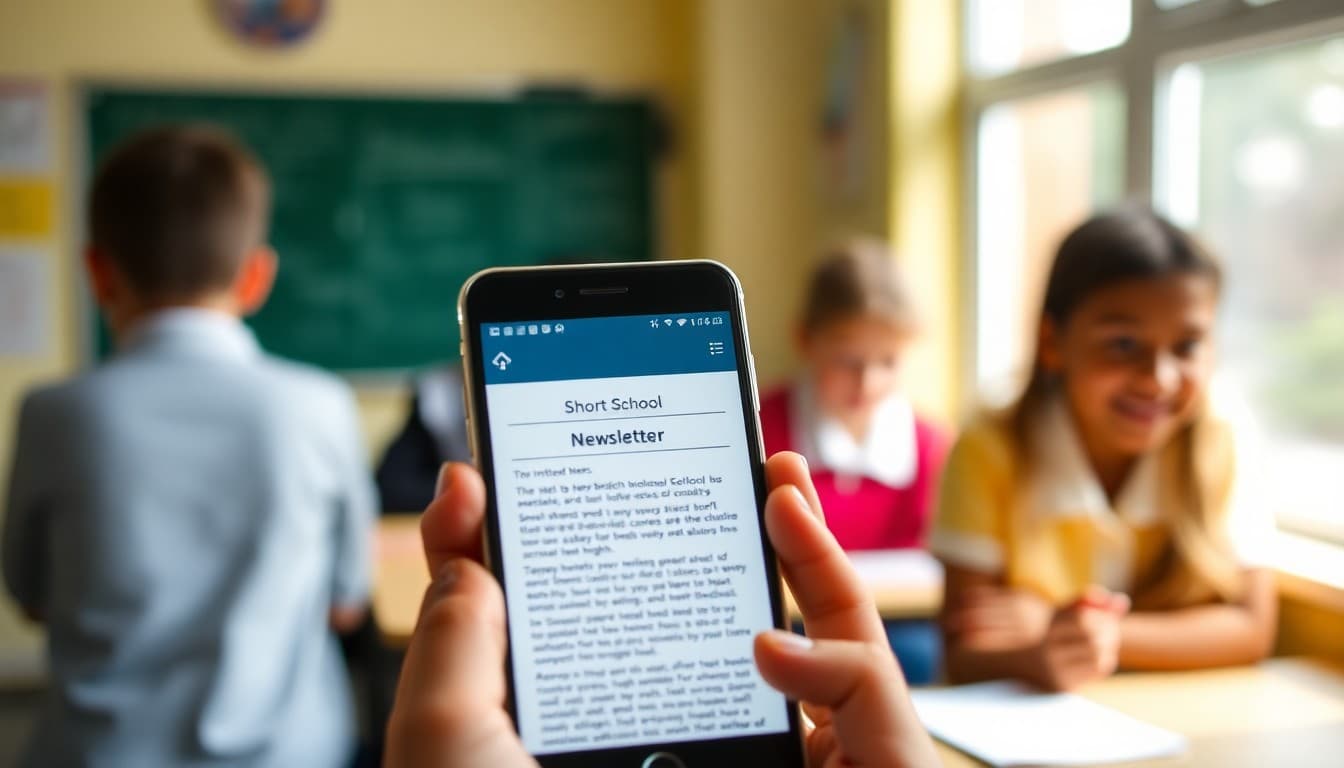 Short school newsletter displayed on a phone screen with minimal text