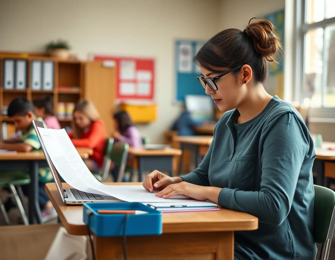 Elementary teacher creating a brief weekly newsletter at a classroom desk