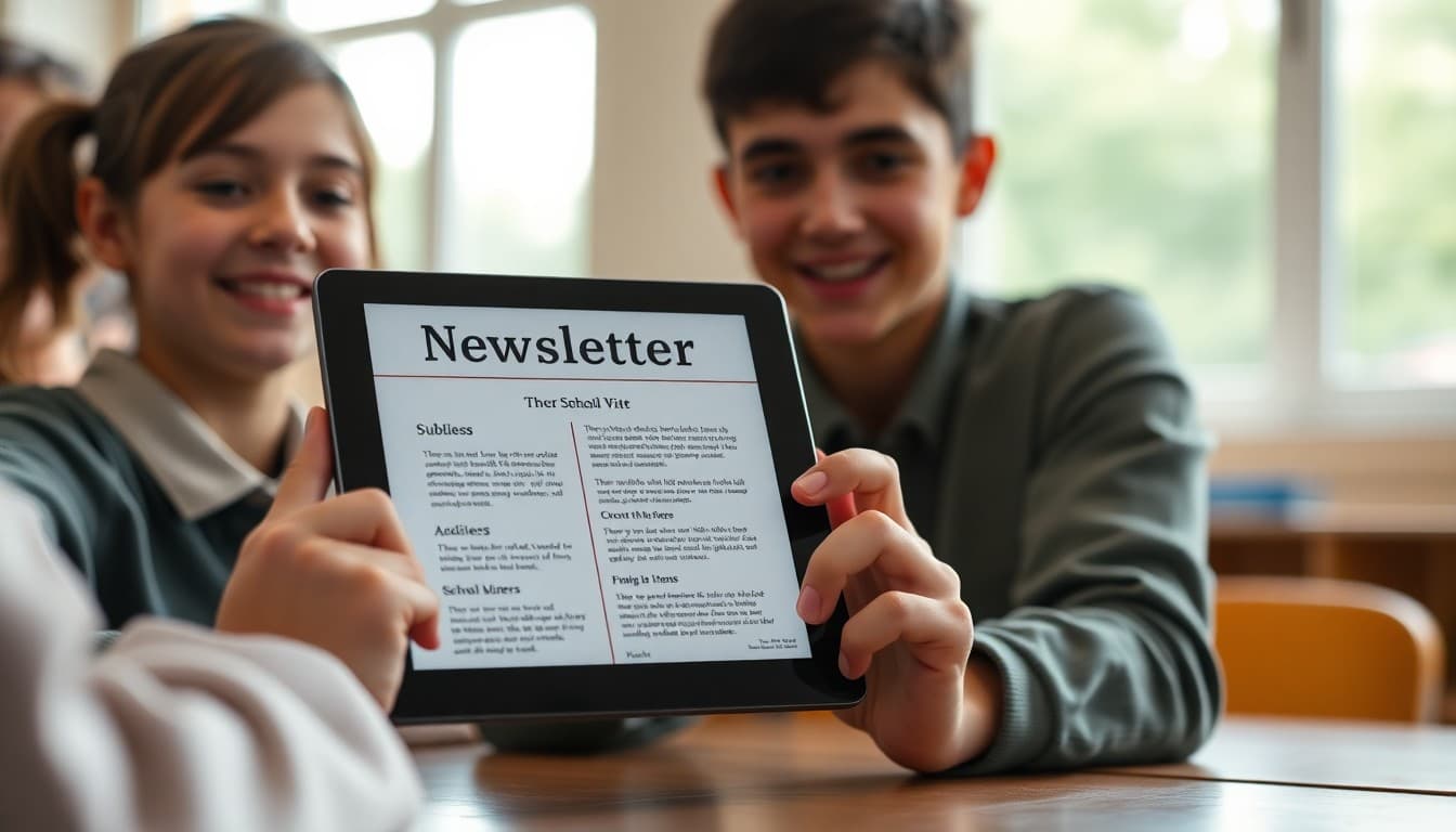 Short school newsletter template displayed on a tablet with clean formatting