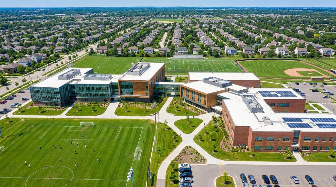 Aerial view of a school campus representing district-wide communication