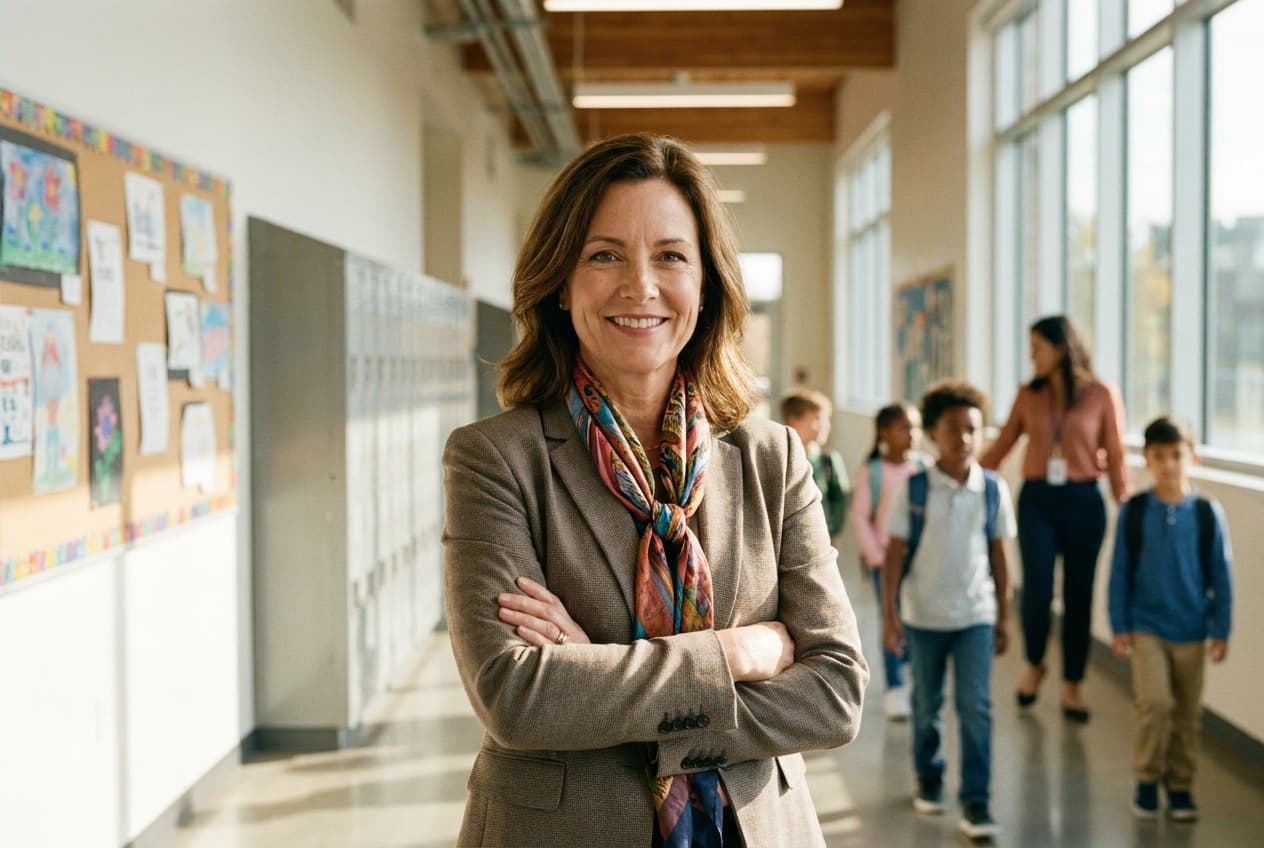 School principal reviewing newsletters in a hallway