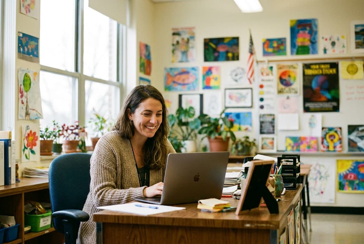 Teacher preparing a school newsletter at her desk