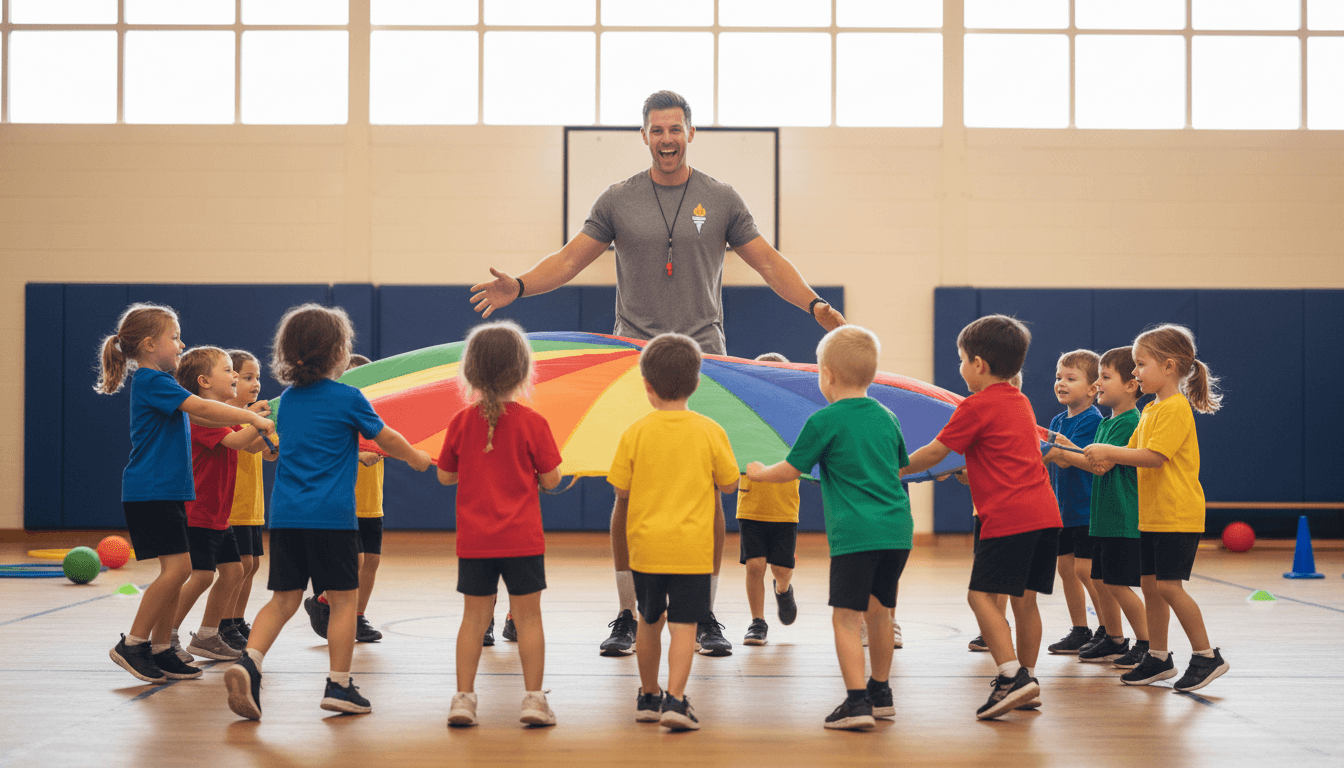 Elementary students playing a team game in a school gymnasium during physical education class