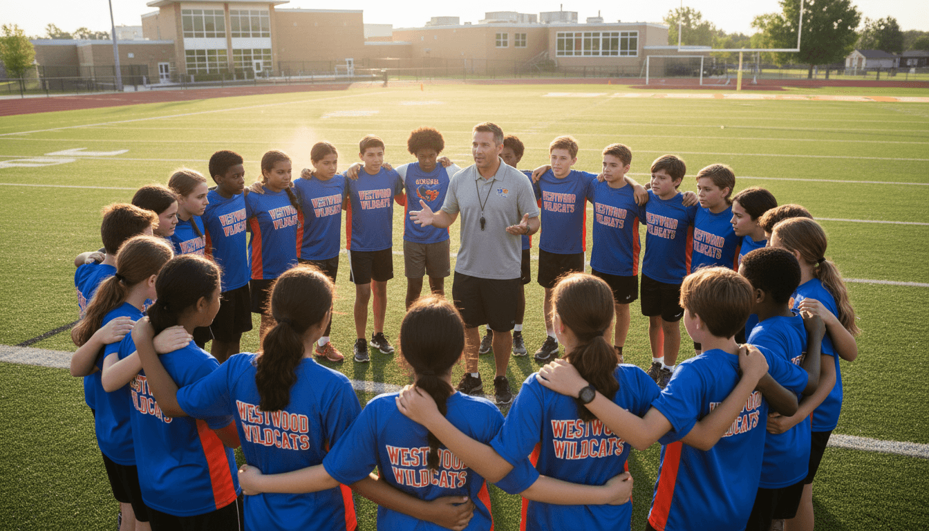 Middle school students in team uniforms huddling with a coach on a school athletic field