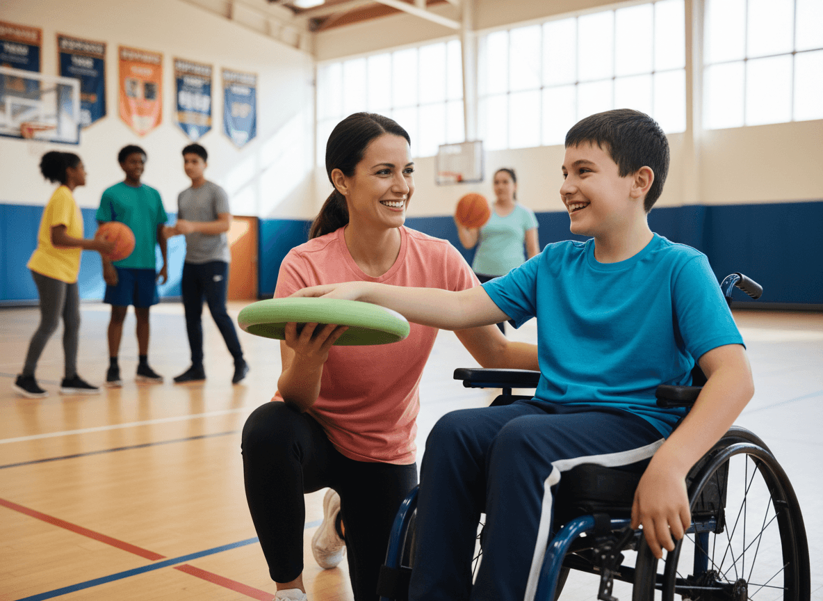 Adaptive PE teacher reviewing an individualized PE plan with a family in a school meeting room
