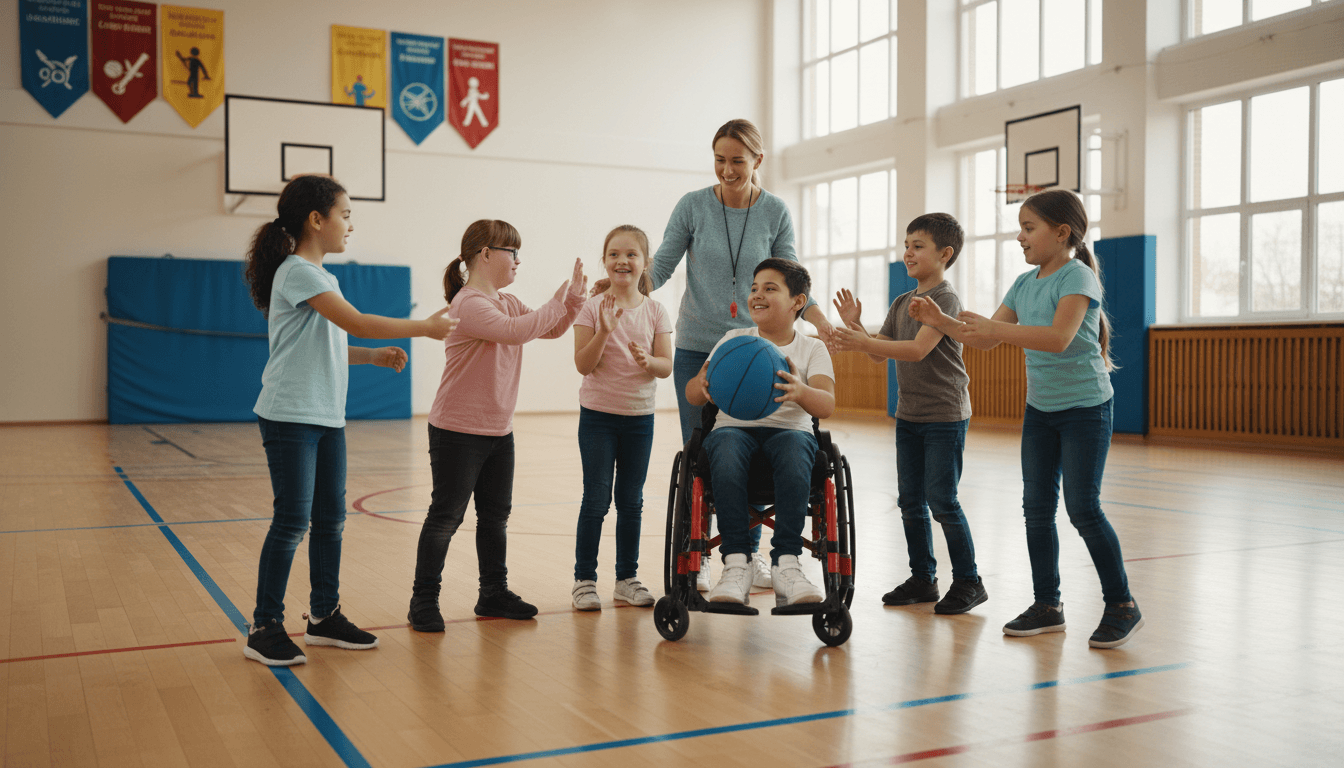 Adaptive PE specialist working with a student using a wheelchair during a modified physical activity in a gymnasium