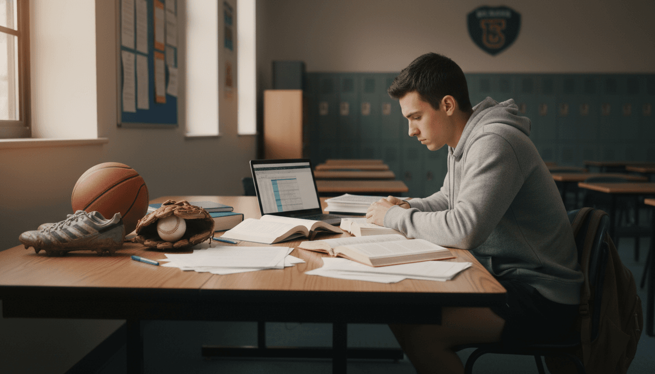 Student athlete reviewing grades on a laptop in a school library with sports gear nearby