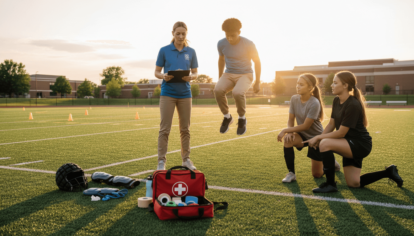 Athletic trainer evaluating a student athlete on the sideline during a school sports game