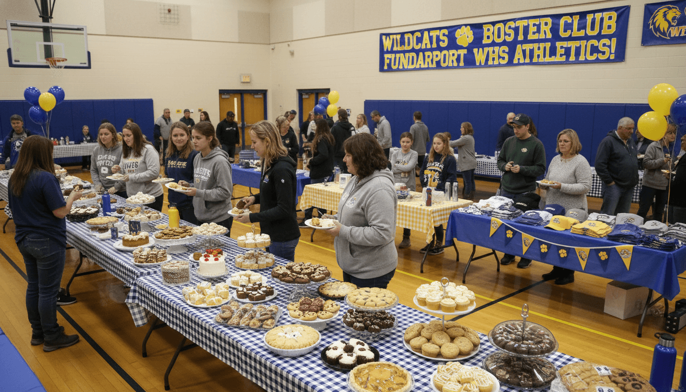 Booster club volunteers setting up fundraising tables at a school athletic event