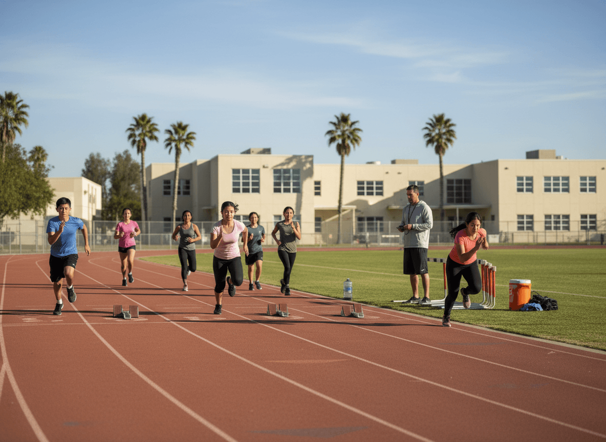 Track coach reviewing meet schedule on a clipboard with runners in the background