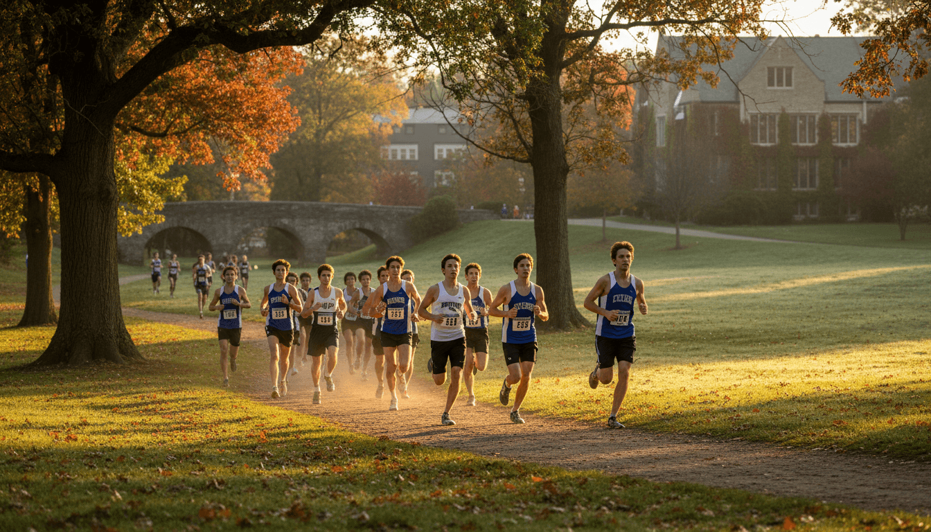 High school cross country runners starting a race at a school athletic meet in the fall