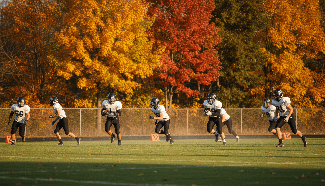 High school football players in fall season gear warming up under Friday night lights