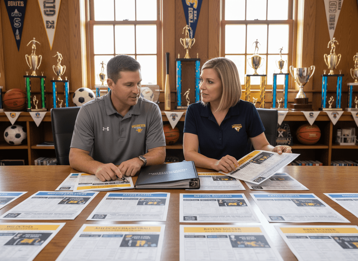 Coach and parent reviewing a printed sports schedule newsletter on the sideline