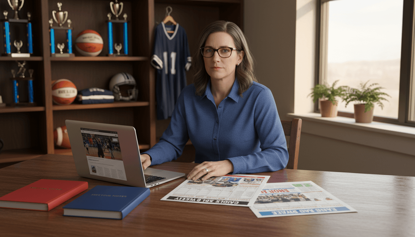 Athletic director reviewing sports newsletter content on a laptop in a school gymnasium