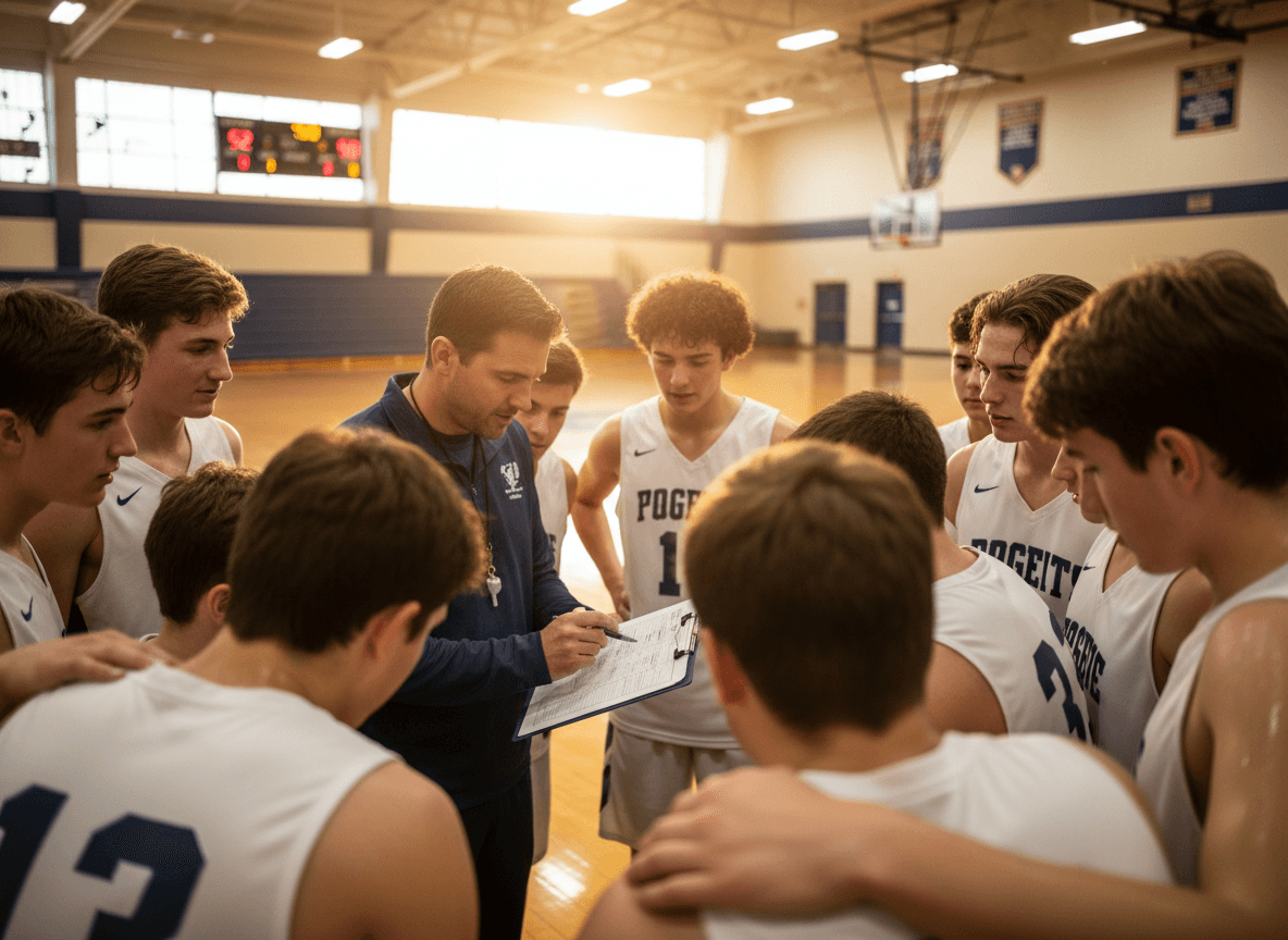 Coach checking a digital sports schedule on a tablet while standing on a playing field