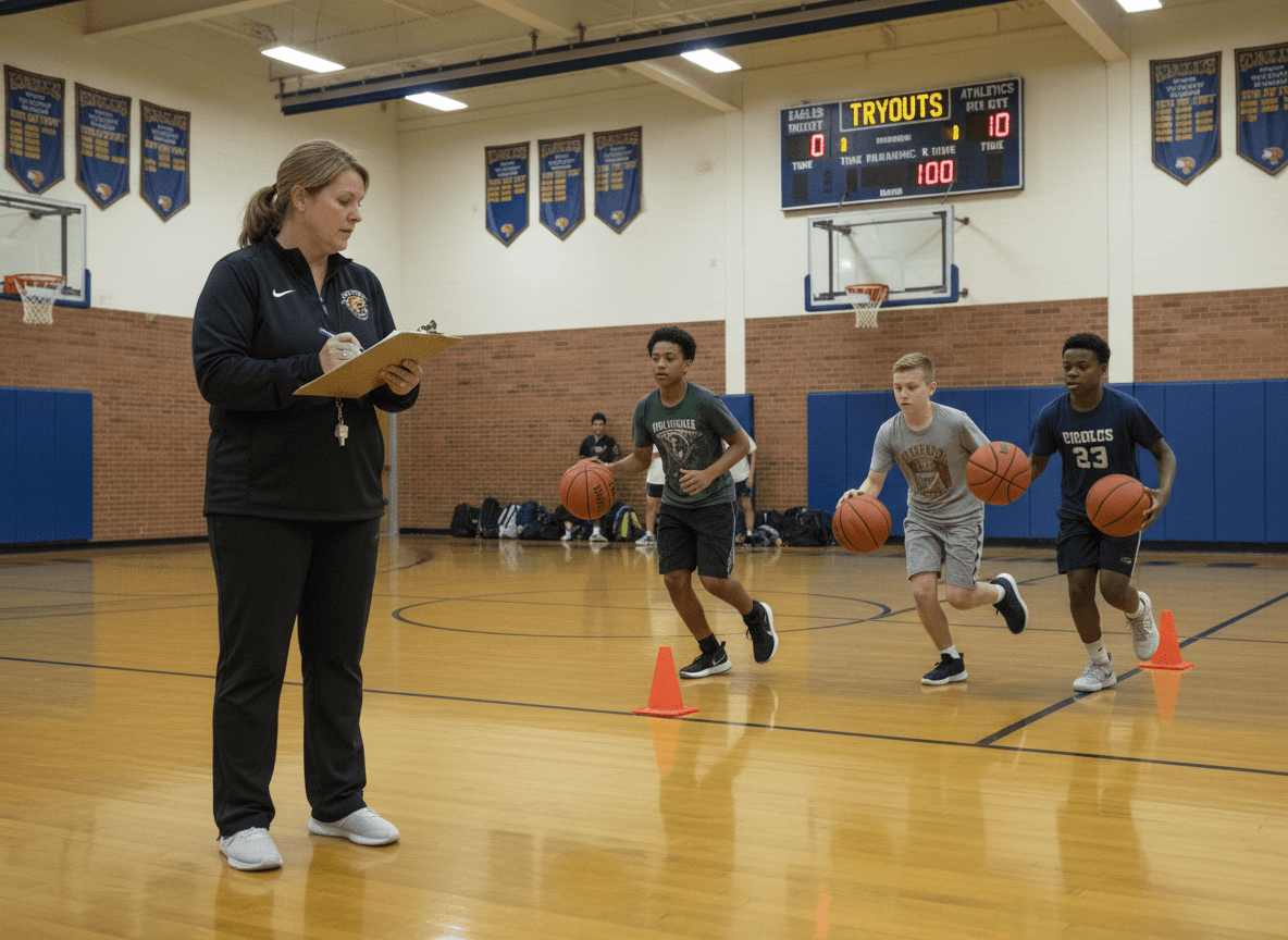 Coach with a clipboard watching student athletes during school team tryouts