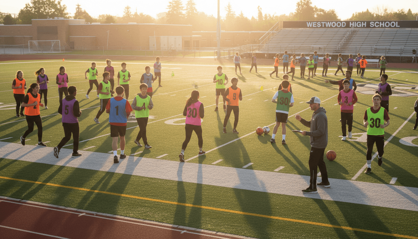 Students warming up on a gymnasium floor before school sports tryouts begin