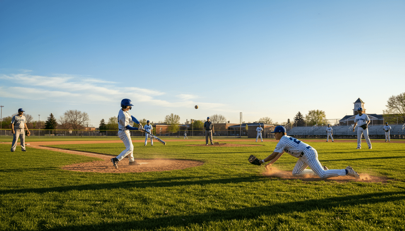 School baseball team warming up on a spring afternoon field at the start of the season