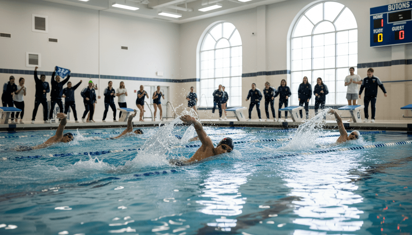 High school swimmer diving into a pool lane at a school swim meet
