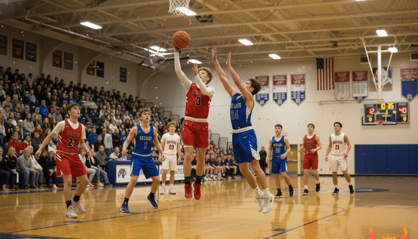 High school basketball players in warm-ups on an indoor court before a winter season game