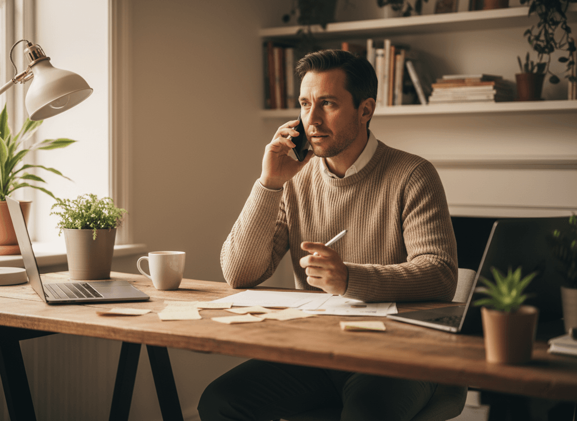 Parent on a phone call with a school counselor, sitting at a home office desk, notes on paper, professional and engaged expression