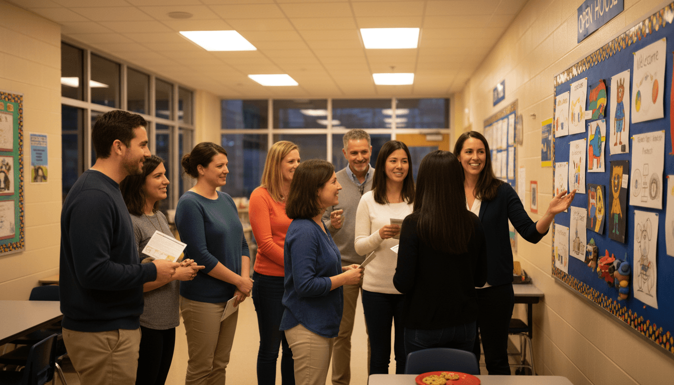 Diverse group of parents at a school open house evening, talking with a teacher near a display of student work, engaged and smiling