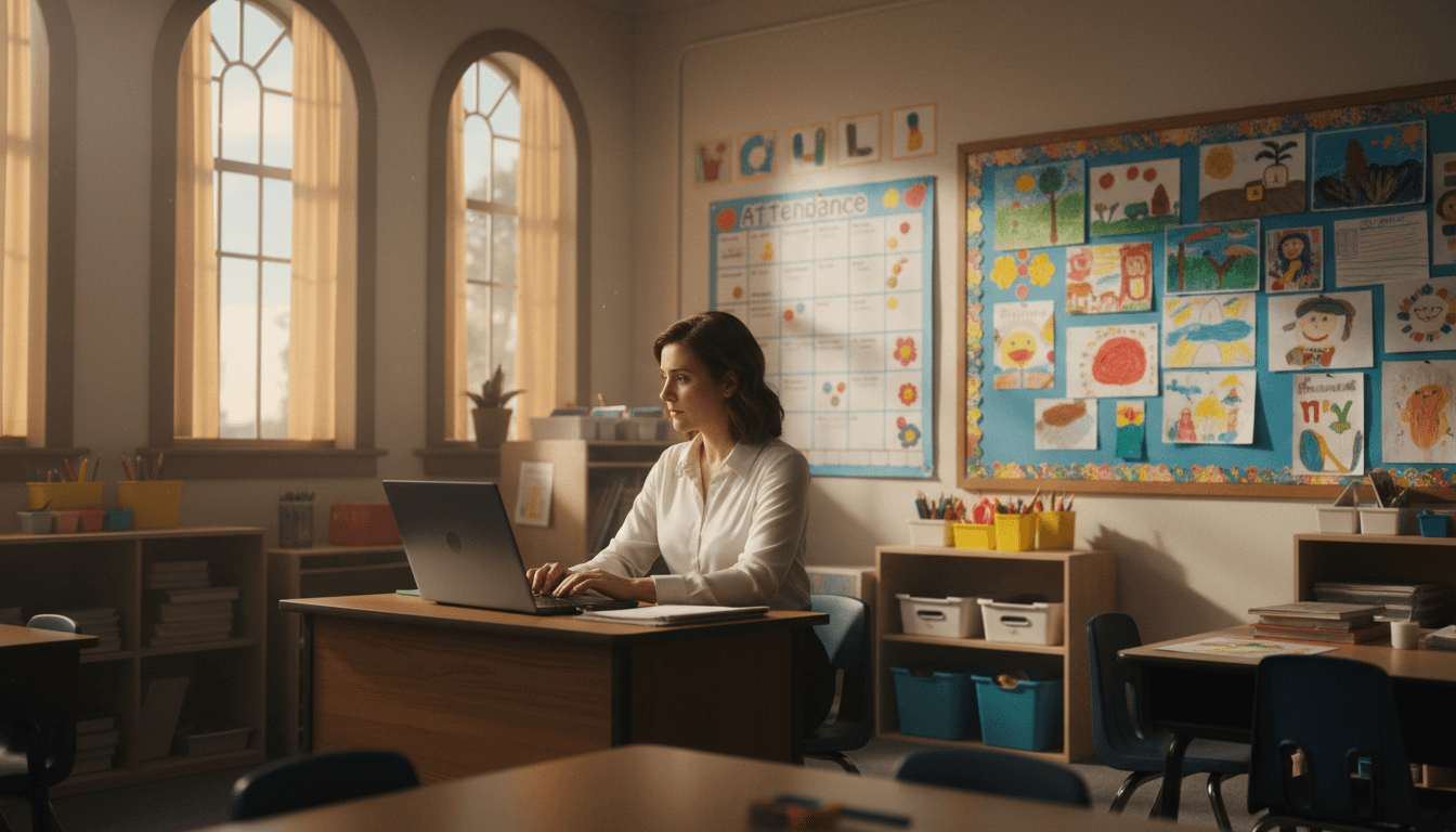 Teacher at a desk writing a newsletter on a laptop, colorful student artwork and an attendance chart visible on the classroom wall behind them