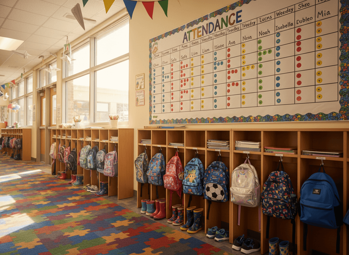 Elementary school hallway with colorful attendance chart on the wall and backpacks on hooks, bright and welcoming atmosphere