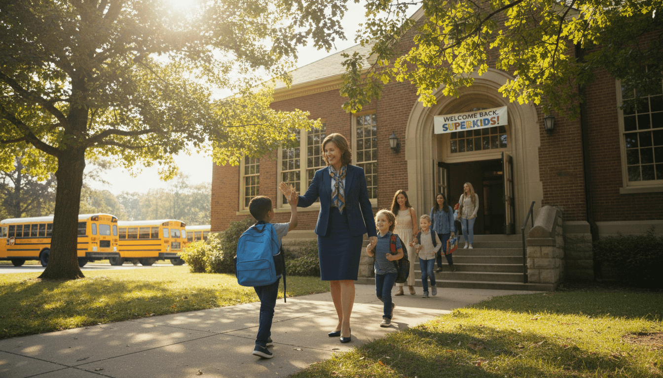 School principal standing at the entrance welcoming students arriving in the morning, school buses visible in the background, warm sunlight