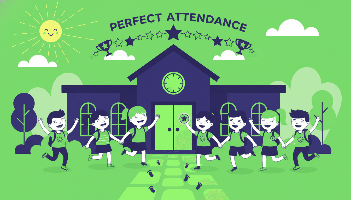 Elementary school children arriving at school in the morning, backpacks on, a teacher greeting them at the door