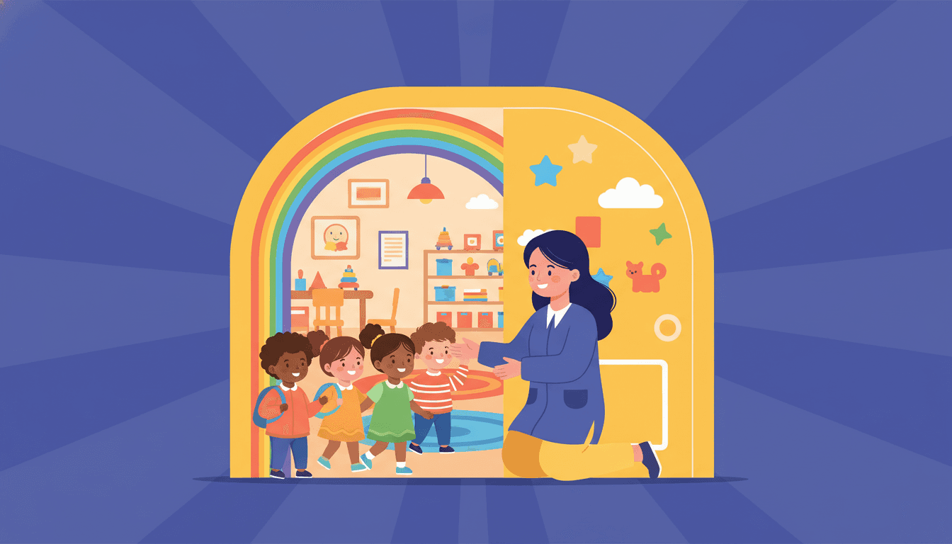 A preschool teacher kneeling to greet a young child at a classroom door while a parent stands nearby