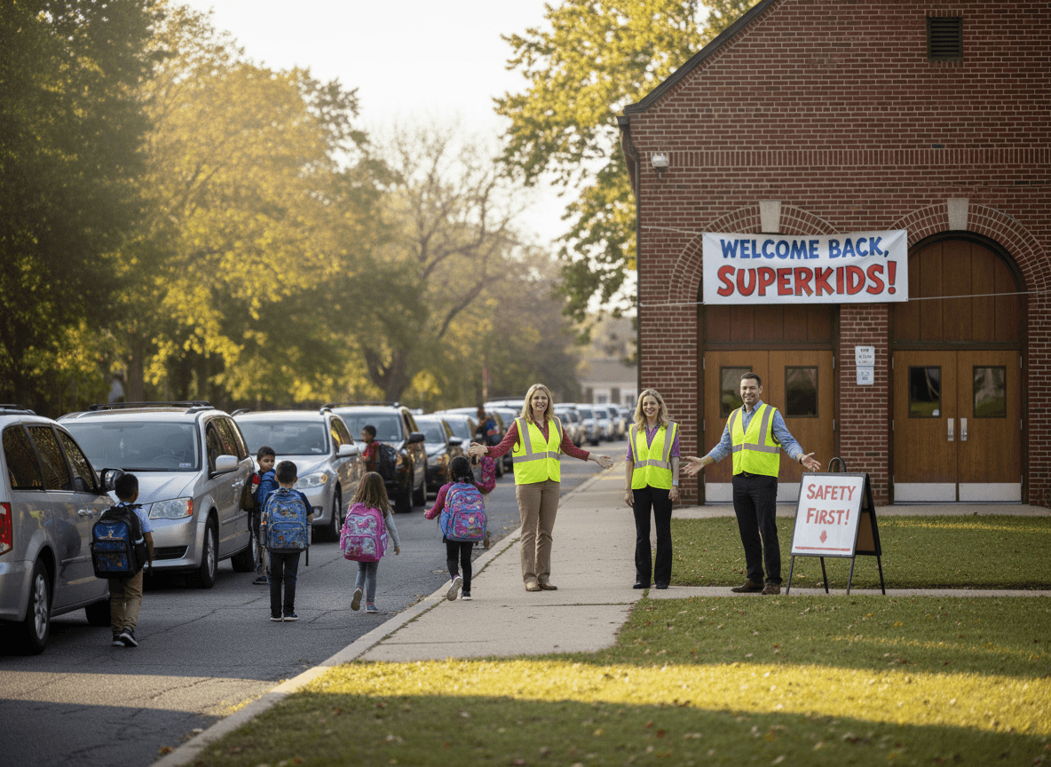 Elementary school morning drop-off with cars in a line and children getting out, school staff standing at the entrance welcoming students