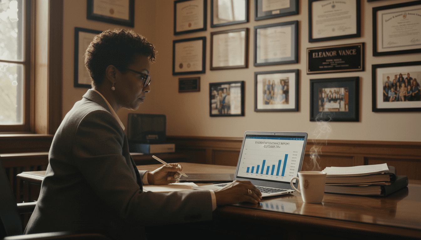 School principal at a desk reviewing attendance reports on a laptop, a cup of coffee nearby, professional office with school certificates on the wall
