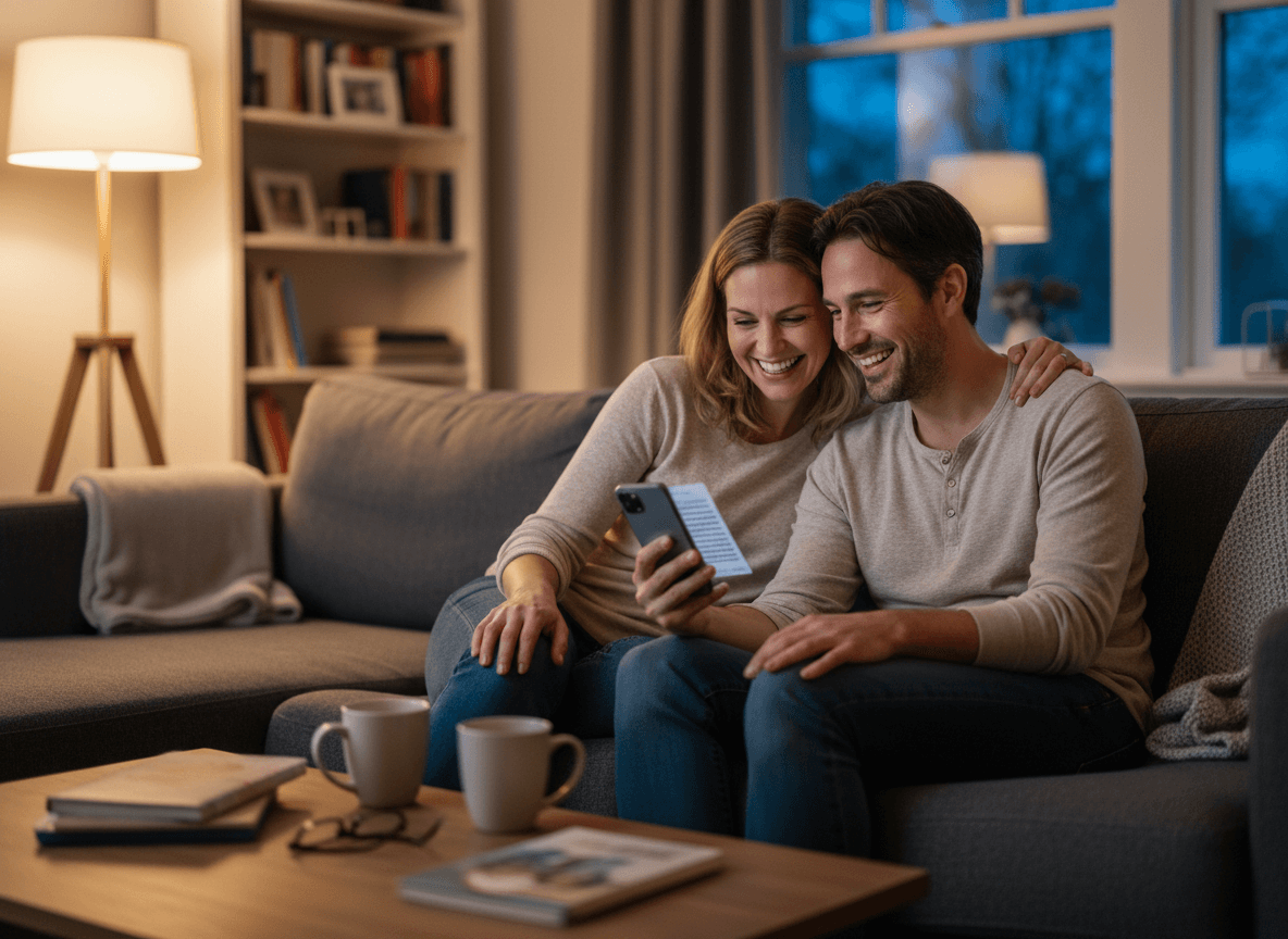 Two parents looking at a school newsletter on a phone together, smiling, sitting on a couch at home in the evening