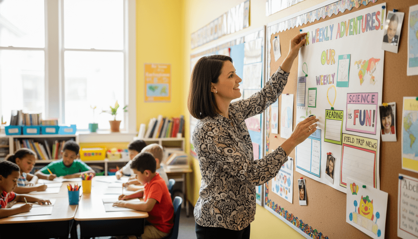 Teacher posting a colorful weekly class update on a bulletin board in a bright elementary classroom, students visible in the background working at desks