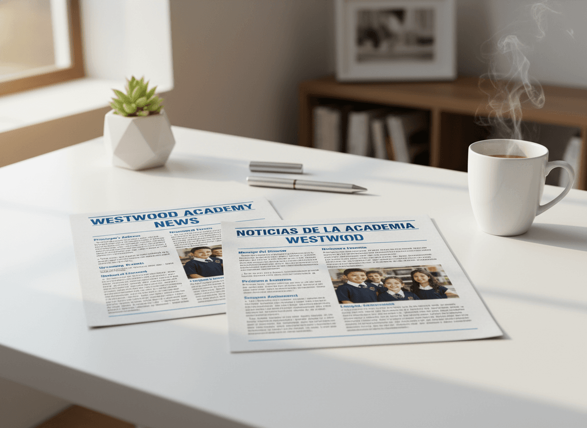 Two versions of a school newsletter side by side, English and Spanish, on a clean white desk with a coffee cup, natural window light