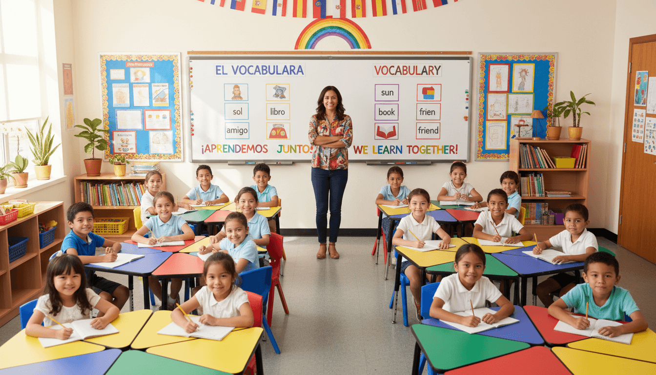 Bilingual teacher standing in front of a dual-language classroom with Spanish and English vocabulary charts on the wall, diverse group of elementary students seated at desks