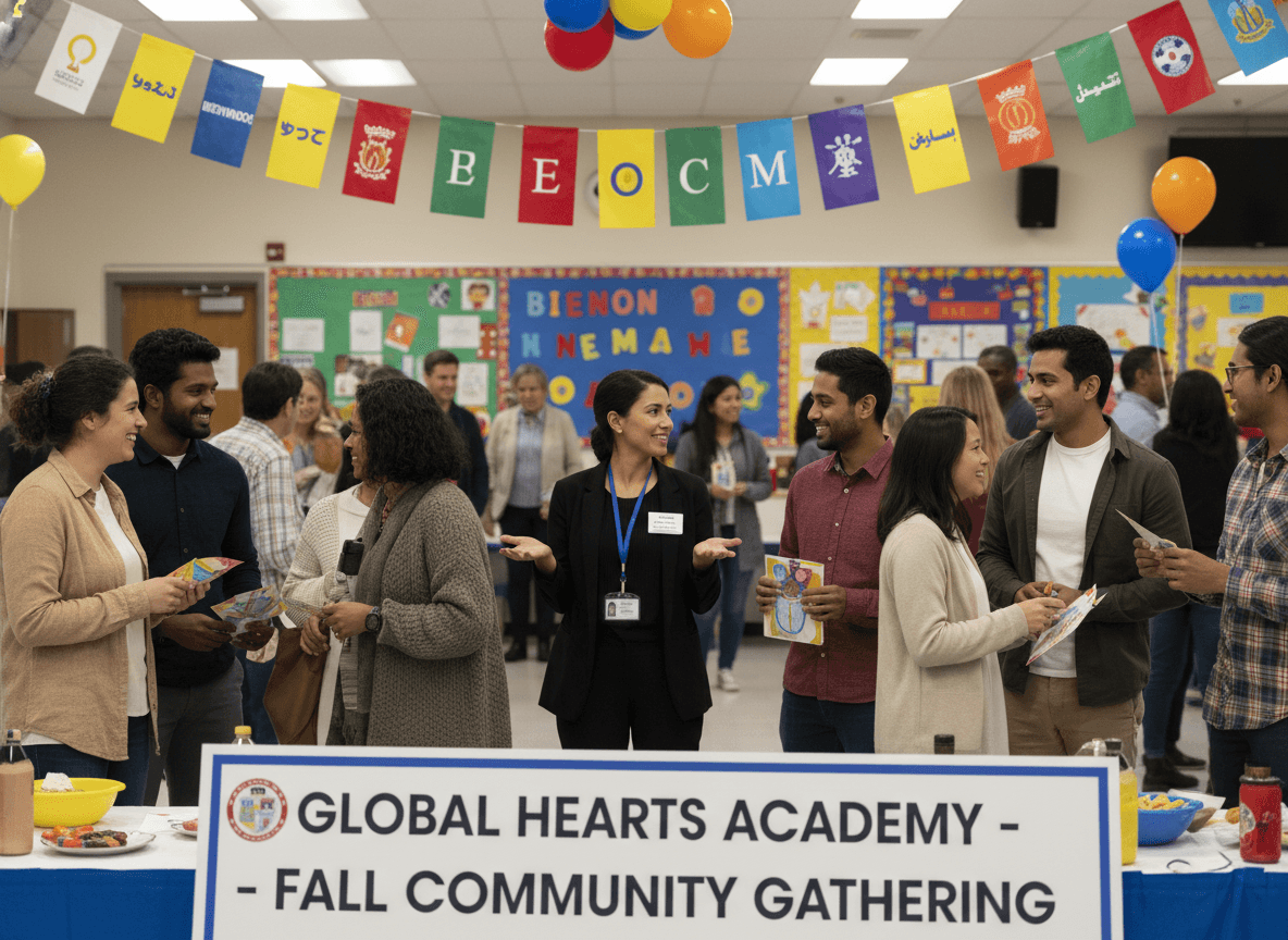Diverse group of parents at a multilingual school event, a bilingual school staff member helping translate a conversation, welcoming community setting