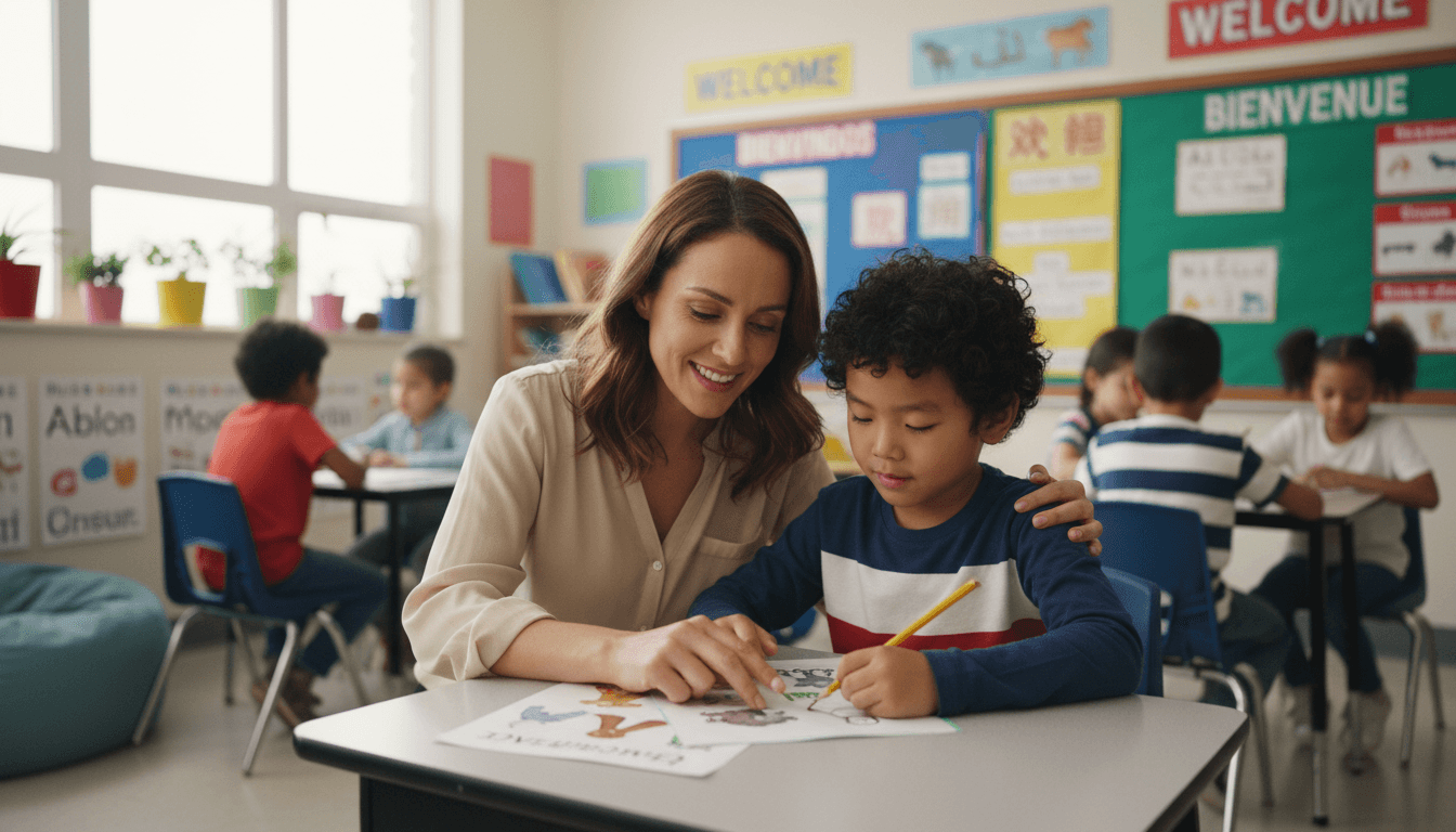 ELL teacher kneeling beside a student's desk helping with work, diverse classroom with welcome signs in multiple languages on the wall, bright and inclusive atmosphere