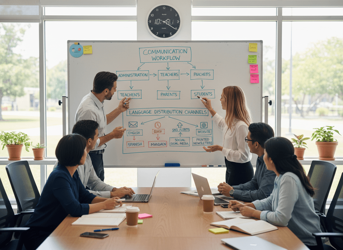 Organized communication workflow on a whiteboard with language flags and distribution channels mapped out, school staff collaborating in a planning meeting
