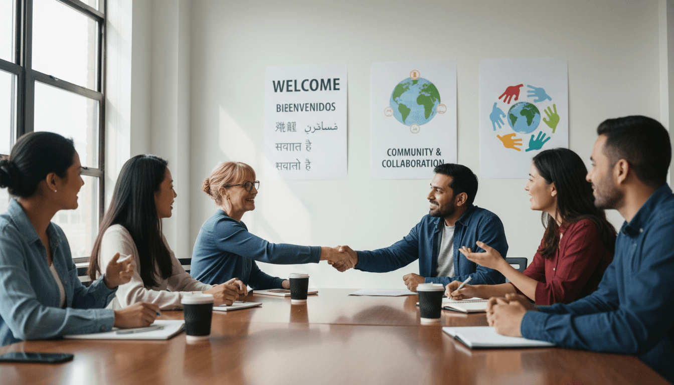 School principal meeting with a diverse group of parents in a conference room, welcome posters in multiple languages visible on the wall, inclusive and professional setting