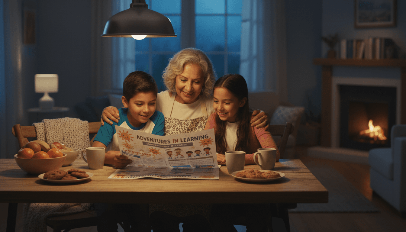 Latino family gathered around a kitchen table looking at a school newsletter together, grandparent and two children visible, warm home setting with evening light
