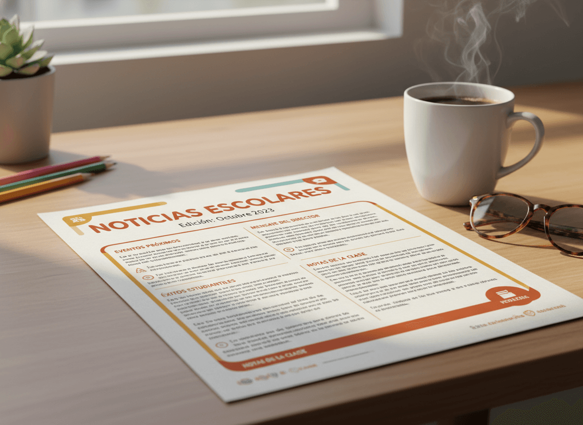 Printed Spanish school newsletter with clear sections, warm colors, and bilingual header on a teacher's desk next to a cup of coffee and reading glasses
