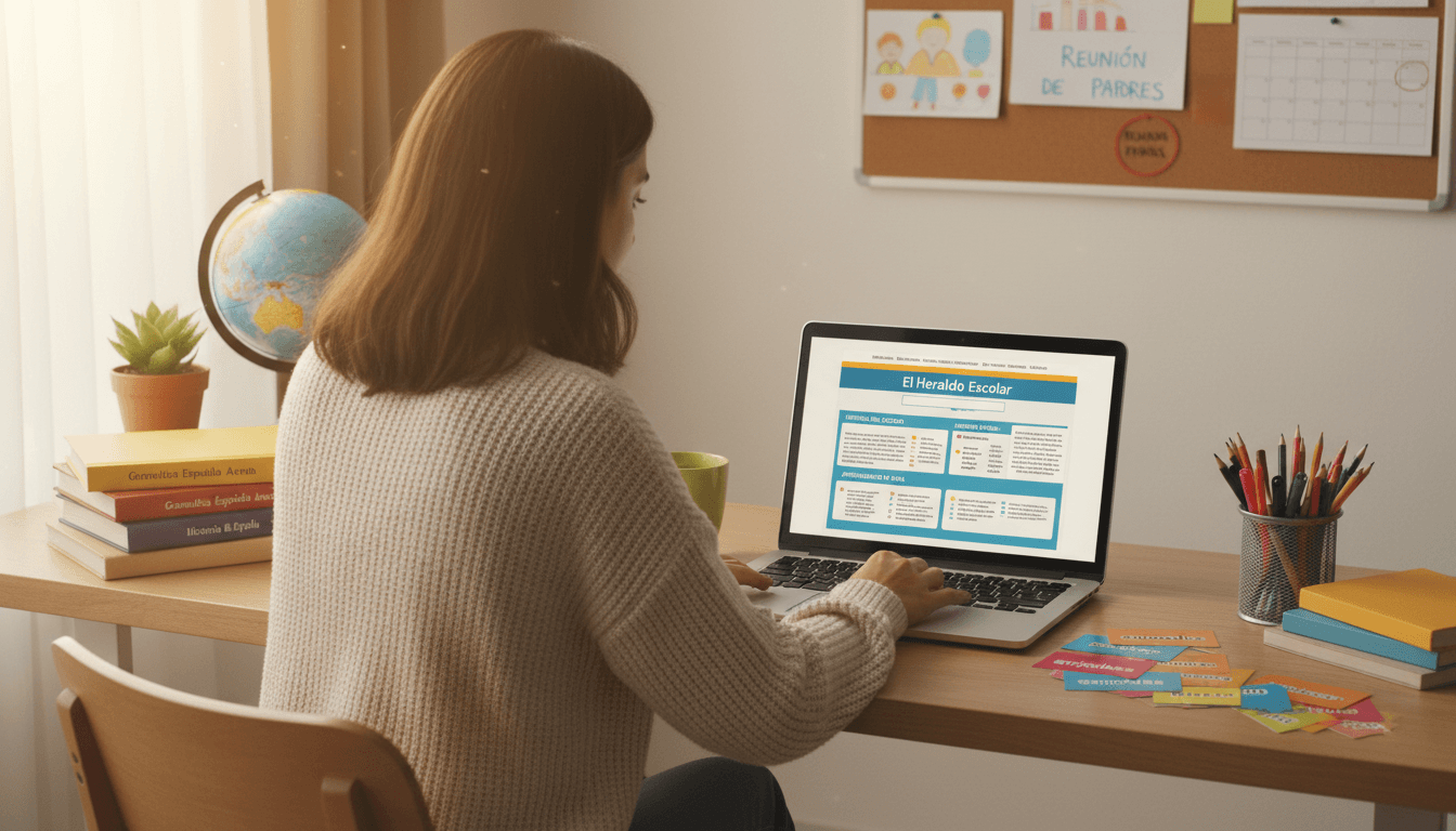 Teacher at a desk reviewing a Spanish-language school newsletter template on a laptop, neat organized workspace with Spanish language books and classroom materials