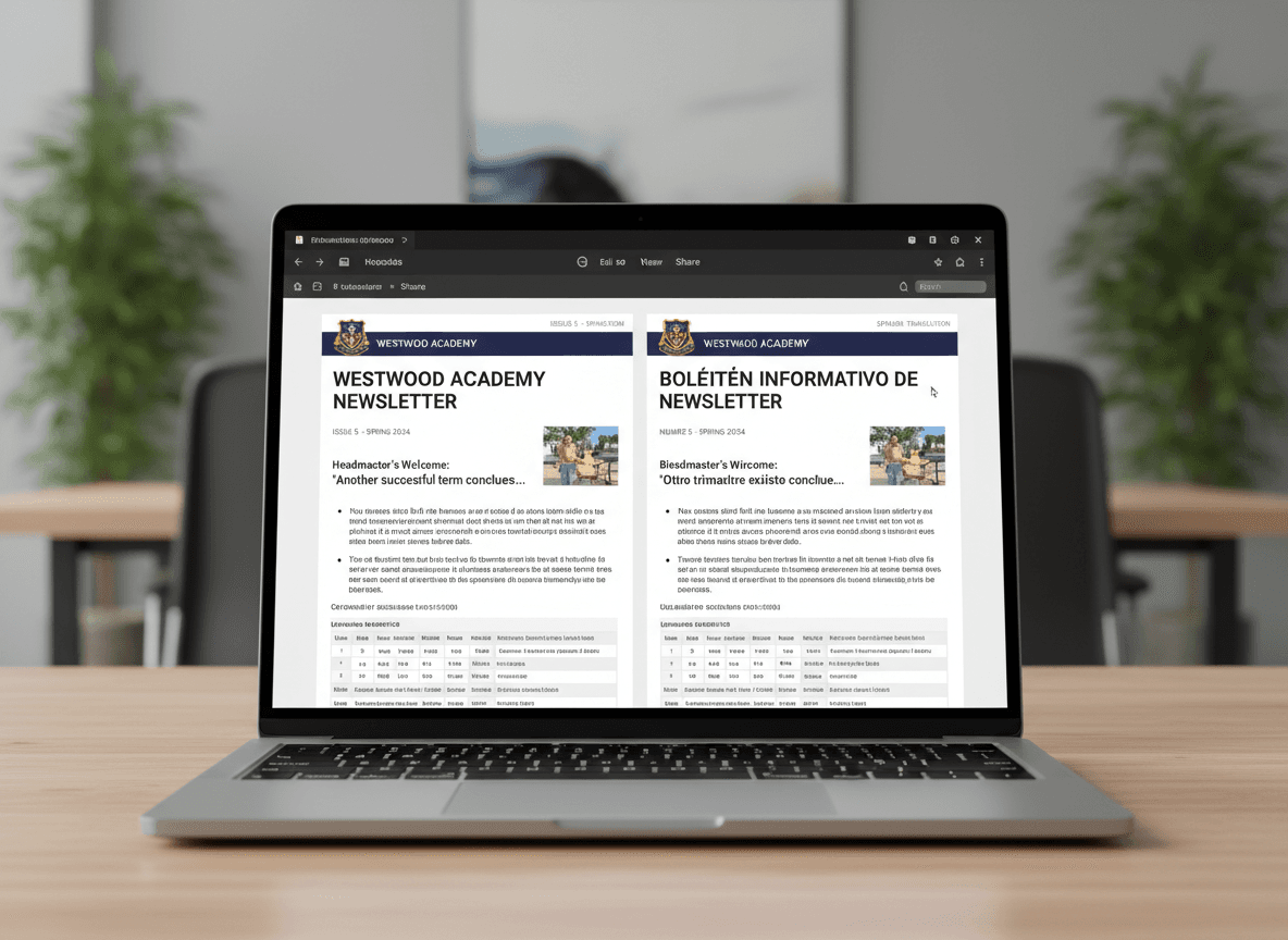 Split screen showing original English school newsletter on the left and Spanish translation on the right, clean document editing interface